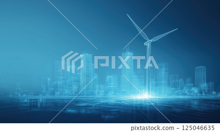 Wind turbine with modern skyline in minimalist style showcasing renewable energy and urbanization during daytime Wind turbine with modern skyline in minimalist style showcasing renewable energy and urbanization during daytime 125046635