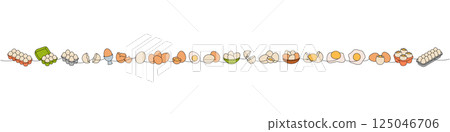 Organic farm eggs one line colored continuous drawing. Boiled eggs, broken eggshell, omelette, protein and yolk. Vector illustration 125046706