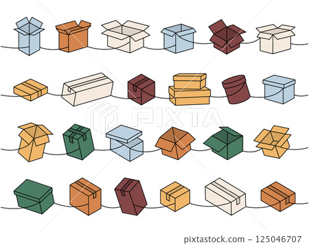 Delivery boxes set. Present gift boxes one line colored continuous drawing. Vector illustration. 125046707