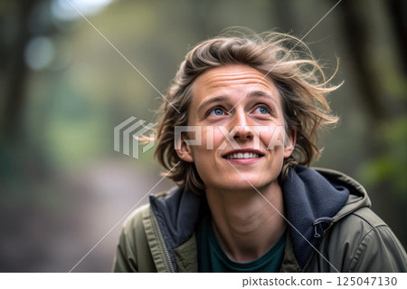 Young Man Enjoying Nature and Smiling in a Forest During a Sunny Day 125047130