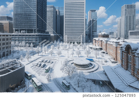Snowy scenery overlooking Tokyo Station Marunouchi Station Square from Kitte Building 125047893