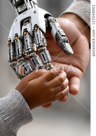Human and advanced robot handshake representing technology and connection between man and machine in a futuristic world Human and advanced robot handshake representing technology and connection between man and machine in a futuristic world 125048001