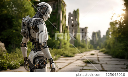 Futuristic humanoid robot exploring overgrown post-apocalyptic urban ruins 125048018