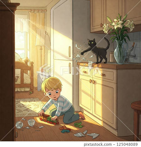 Parenting is a common occurrence? Unexpected developments with the addition of a cat (kitchen) 125048089