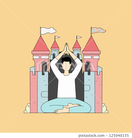 Meditating Man in Front of Castle 125048135