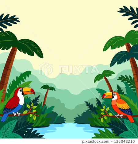 Tropical Jungle Scene with Toucans 125048210