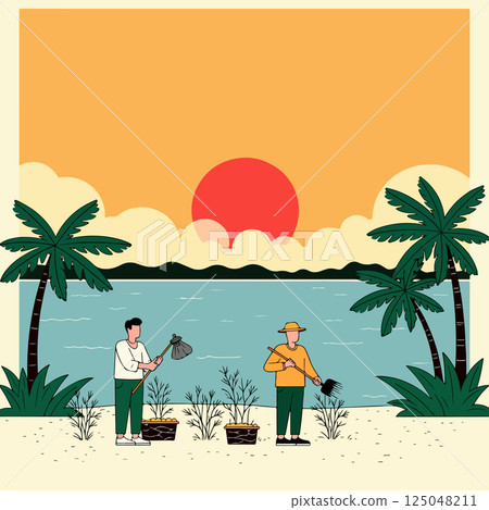 Beach Cleanup at Sunset 125048211