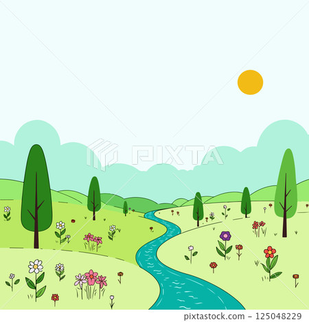 Cartoon Landscape with River and Flowers 125048229