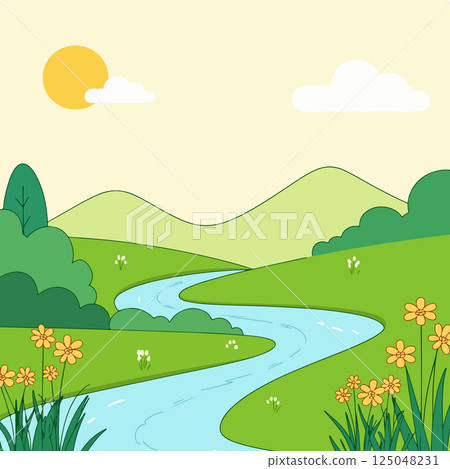 Cartoon Landscape with River 125048231