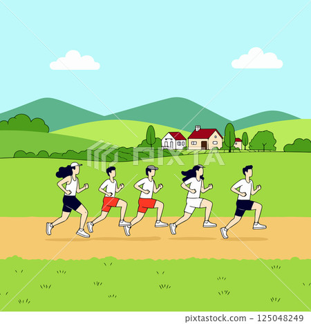 Group of People Running in a Rural Landscape Group of People Running in a Rural Landscape 125048249