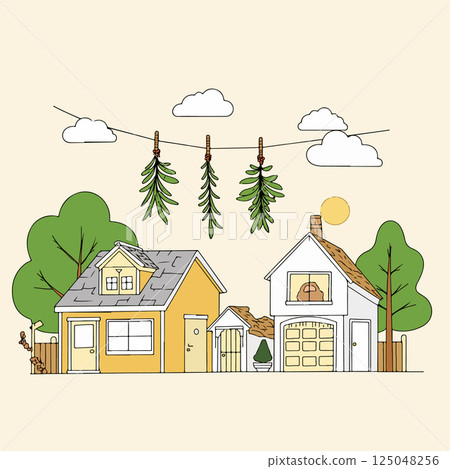 Neighborhood Scene with Houses and Herbs 125048256