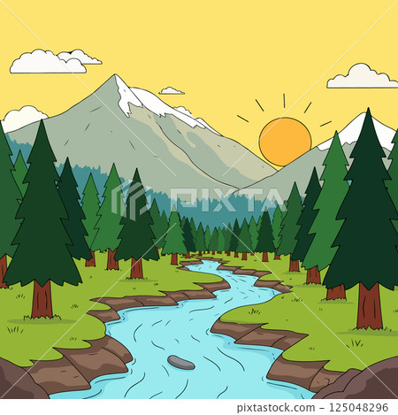 Cartoon Landscape with River and Mountains Cartoon Landscape with River and Mountains 125048296