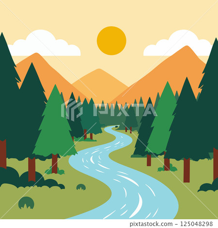 Cartoon Landscape with River and Mountains Cartoon Landscape with River and Mountains 125048298