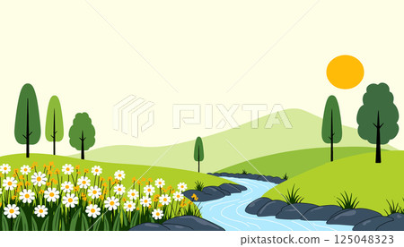 Cartoon Landscape with River and Flowers Cartoon Landscape with River and Flowers 125048323