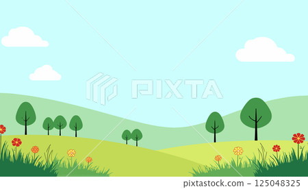 Cartoon Landscape with Trees and Flowers 125048325