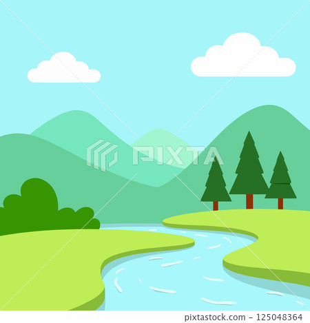 Cartoon Landscape with River and Mountains Cartoon Landscape with River and Mountains 125048364
