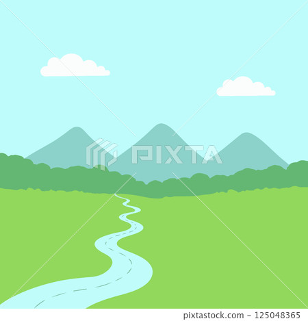 Cartoon Landscape with River and Mountains Cartoon Landscape with River and Mountains 125048365