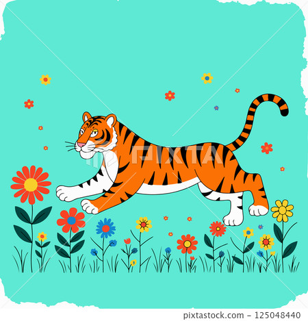 Cartoon Tiger Running Through Flowers 125048440