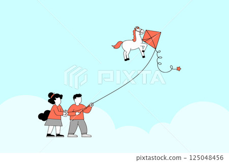 People Flying a Horse Kite 125048456