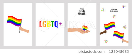 LGBT Pride Month set of colorful poster. Hand flag heart. Symbol LGBT pride community. Rainbow elements. Banner design cover magazine, layout, brochure, flyer. Vector illustration. 125048683