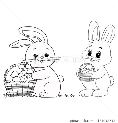 Two Easter Bunnies with Baskets of Eggs 125048748