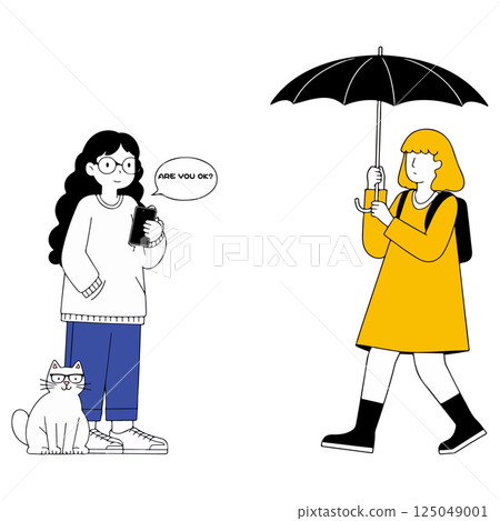 Girl texting under umbrella Girl texting under umbrella 125049001
