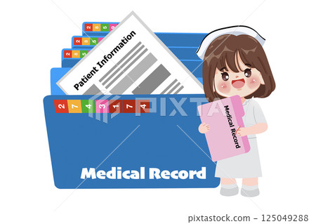 Cartoon nurse holding medical record folder with patient information sheet in opened medical records folder. 125049288