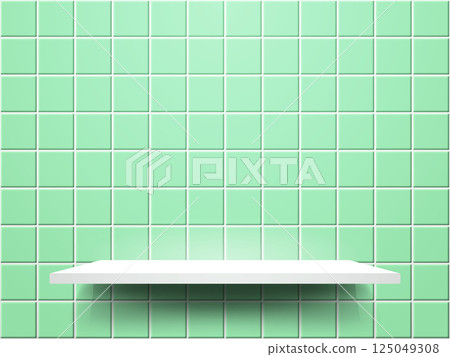 Bathroom shelf. Tiled room with white podium. Kitchen or bathroom green ceramic mosaic. Square tiles with minimal stage for displaying product. Vector illustration 125049308