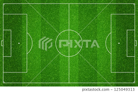 Football field top view. Soccer grass with markings. Green lawn texture with white lines. Stadium with fresh pitch effect. Sport ground template with turf. Vector illustration Football field top view. Soccer grass with markings. Green lawn texture with white lines. Stadium with fresh pitch effect. Sport ground template with turf. Vector illustration 125049313