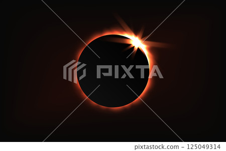 Total solar eclipse. Black circle with glowing rays. Realistic sun circle with light on black background. Planet with lens flare in space. Vector illustration 125049314