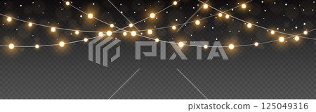 Christmas lights with warm glowing bulbs. Gold magic garland with bokeh effect. Bright yellow string. Festive decoration with falling snow for invitation or postcard. Vector illustration 125049316