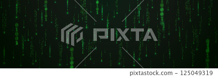 Binary code background with falling digits. Futuristic green matrix. Abstract data stream. Glowing running numbers. Random overlay code on wide wallpaper. Vector illustration Binary code background with falling digits. Futuristic green matrix. Abstract data stream. Glowing running numbers. Random overlay code on wide wallpaper. Vector illustration 125049319
