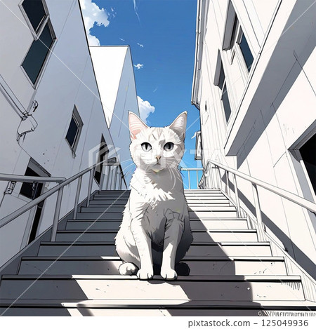 A cat peeking from the bottom of the stairs 125049936