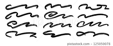 Black wave paint line set. Squiggle sketch brush stroke collection. Charcoal flourish pack for highlight, underline, emphasis. Vector rough scribble swoosh stripe bundle. Handdrawn crayon chalk strips 125050078