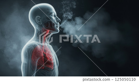 anti smoking, transparent man exhaling smoke, revealing ribcage and damaged lungs. Health risk concept. 125050110