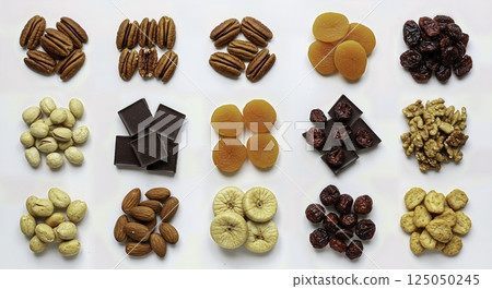 Flat lay of gourmet snack items, nuts, dried fruits, and dark chocolate arranged on a white background. Healthy eating concept. 125050245