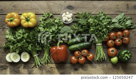 Flat lay of fresh organic vegetables and herbs on a rustic wooden table. Healthy eating concept. 125050247