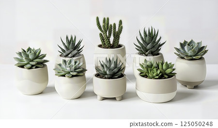 Collection of small succulent plants in pots on a white background. Decorative indoor plants. 125050248
