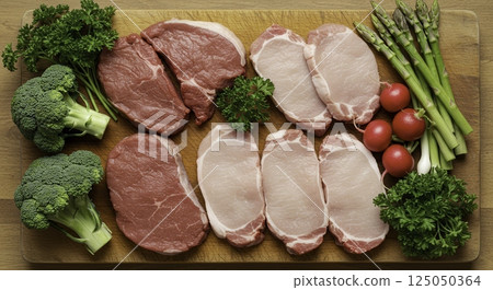 Overhead shot of raw meat cuts and fresh vegetables on a wooden cutting board. Concept of healthy eating and balanced diet. 125050364