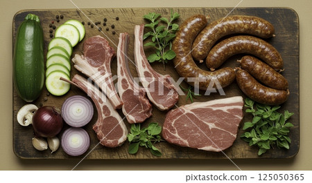 Overhead shot of raw meat cuts, sausages, and fresh vegetables on a wooden board. Includes lamb chops, steak, zucchini, onion, garlic, and herbs. 125050365