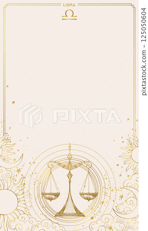 Libra zodiac sign, vintage hand drawn illustration, graphic modern astrology chart with copy space for text, horoscope on light background with stars. 125050604