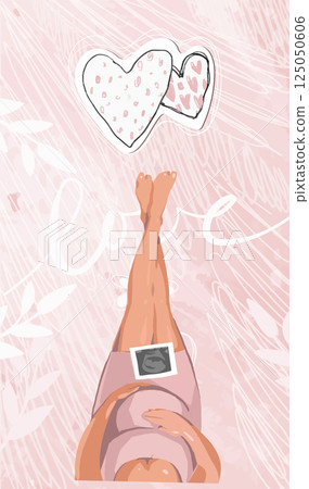 Sitting Pregnant woman hugs belly with hands top view, modern motherhood and parenthood card. Flat Vector illustration with place for text. 125050606