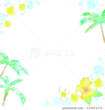 Tropical frame with palm trees and tropical flowers. A refreshing illustration with a watercolor touch. Tropical frame with palm trees and tropical flowers. A refreshing illustration with a watercolor touch. 125051272