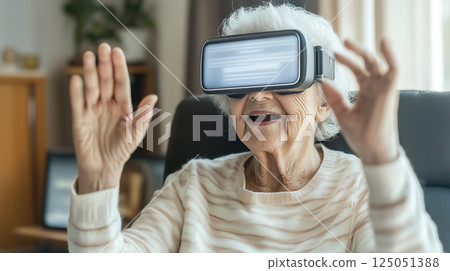 An elderly woman engages with futuristic technology. The concept of how technology bridges generational gaps and enhances accessibility for all ages. Generative AI. An elderly woman engages with futuristic technology. The concept of how technology bridges generational gaps and enhances accessibility for all ages. Generative AI. 125051388