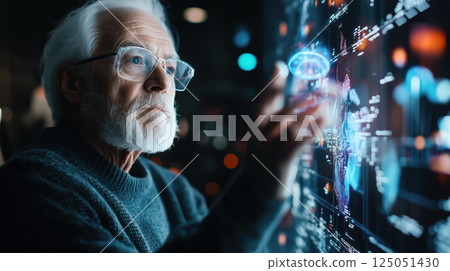 An elderly man engages with futuristic technology. The concept of how technology bridges generational gaps and enhances accessibility for all ages. Generative AI. 125051430