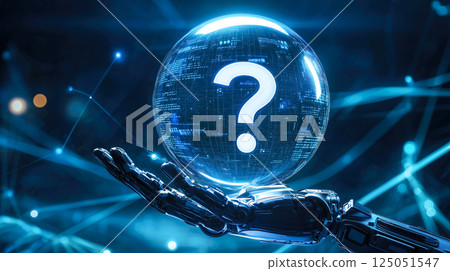 A robot hand holds a glowing question mark. The concept symbolizes curiosity, artificial intelligence, and the quest for answers in the digital age. Generative AI. 125051547