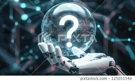A robot hand holds a glowing question mark. The concept symbolizes curiosity, artificial intelligence, and the quest for answers in the digital age. Generative AI. A robot hand holds a glowing question mark. The concept symbolizes curiosity, artificial intelligence, and the quest for answers in the digital age. Generative AI. 125051548
