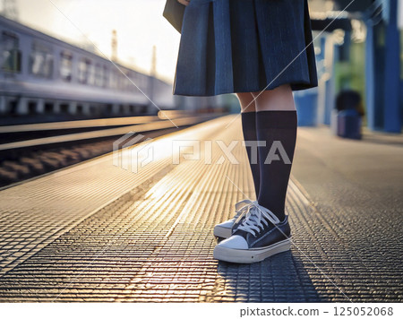 AI-generated image of a female student standing on a train platform 125052068