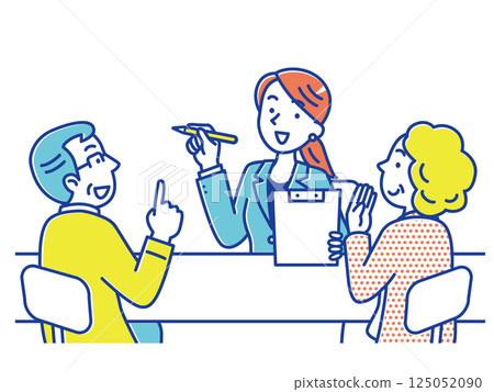 A young woman in a suit listening to an elderly couple 125052090