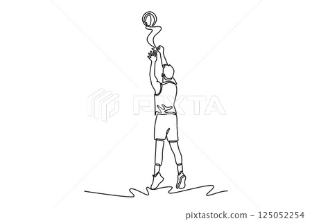 Single one line drawing back view basketball player wearing sports clothes, training scoring shooting free throw. Play with ball at court arena. Continuous line draw design graphic vector illustration Single one line drawing back view basketball player wearing sports clothes, training scoring shooting free throw. Play with ball at court arena. Continuous line draw design graphic vector illustration 125052254